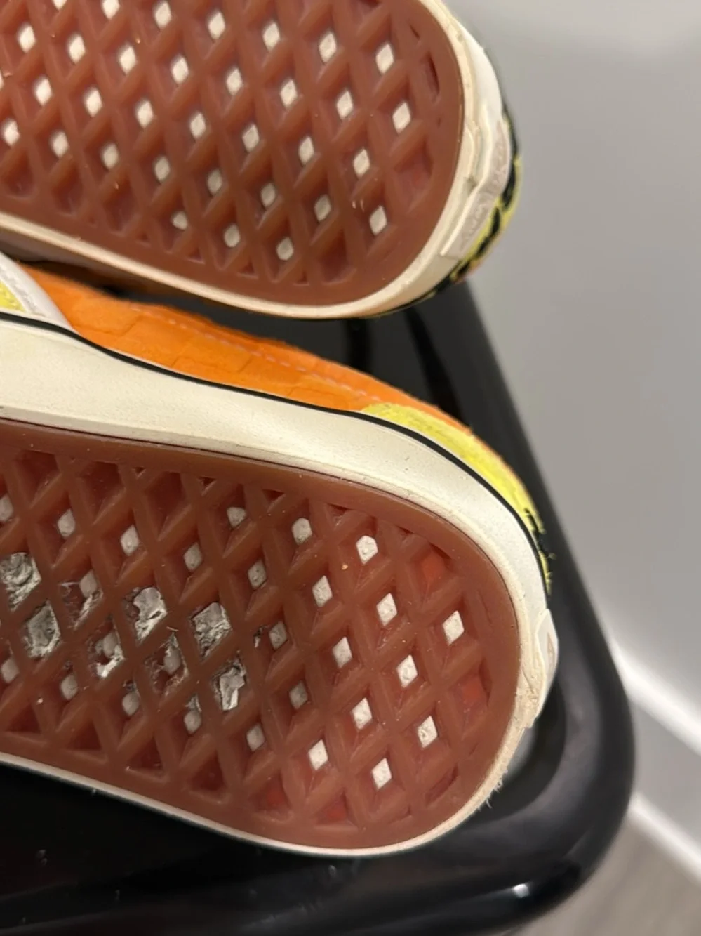 Vans Yellow Checkerboard Slip-On Loafers with Orange Heel Accent